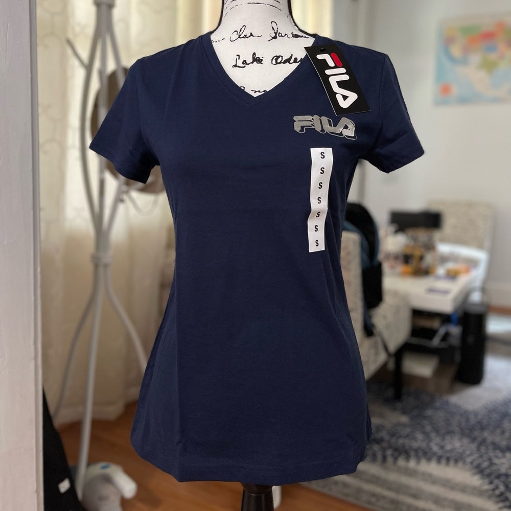 NWT Women’s Small Fila V-Neck Short Sleeve Tee In Navy With Metallic Logo Prints